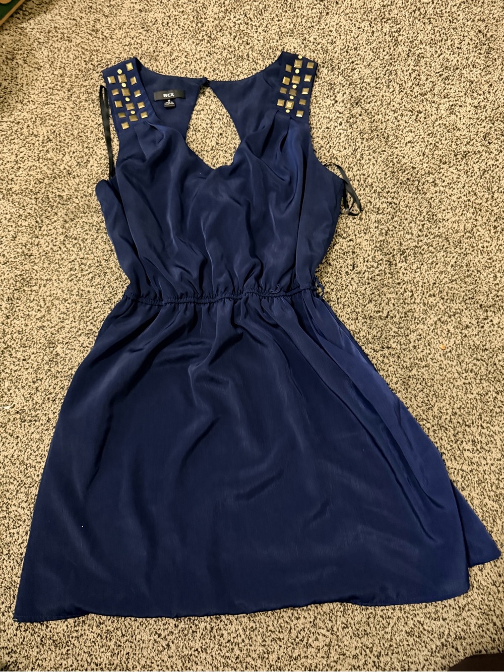 BCX Navy Keyhole Mini Dress with Gold Stud Shoulder Detail
